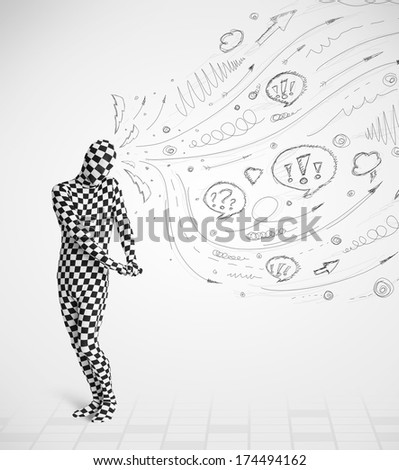 Funny guy in body suit morphsuit looking at sketches and doodles