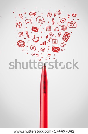Pen close-up with sketchy social media icons