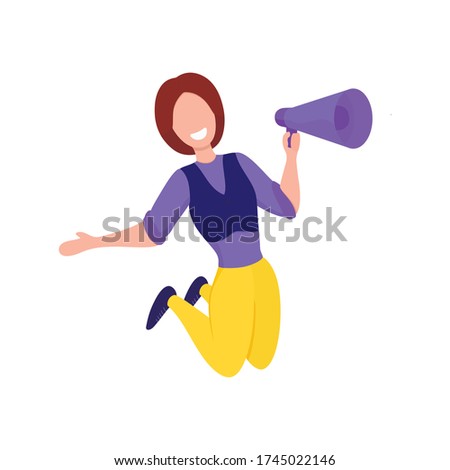 Vector illustration of an isolated blogger. Bouncing girl speaks to the loudspeaker different news for blog subscribers.