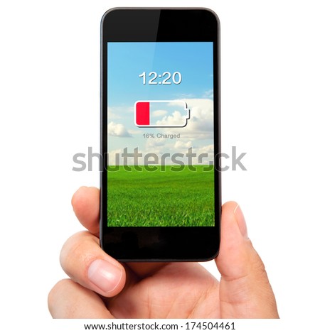 isolated man hand holding the phone with low battery on a screen