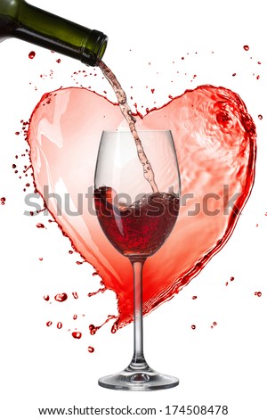 Red wine pouring into glass with splash against heart isolated on white