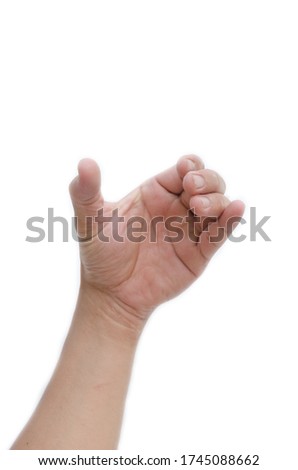 a hand holding something like a bottle or smartphone on white backgrounds, isolated