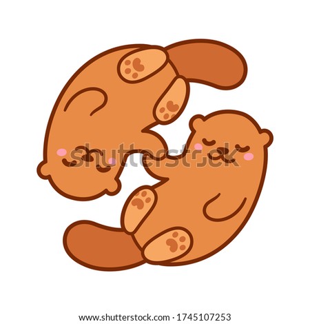 Cute cartoon otter couple holding hands. Kawaii little otters in love, clip art illustration.
