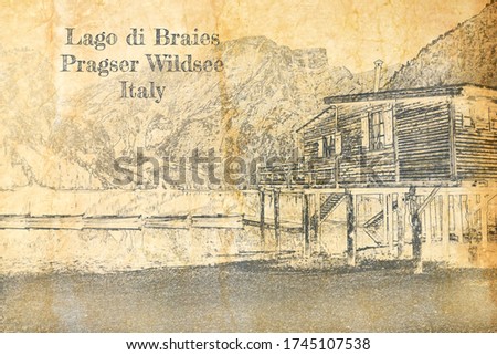 Lago di Braies in Dolomites, sketch on old paper