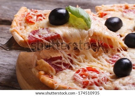Slice of pizza with salami, tomato, black olives and melted cheese closeup. horizontal. macro. 