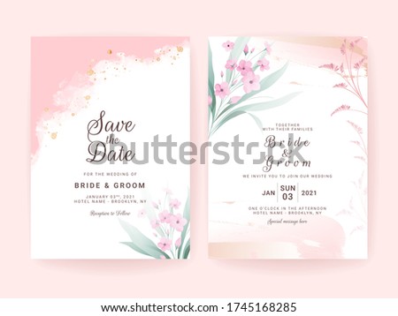 Set of wedding invitation template with abstract shapes and floral border. Flowers composition vector for save the date, greeting, thank you, rsvp, etc