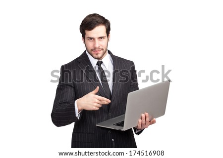elegant man showing his laptop, isolated 