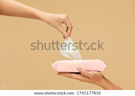 Hand Hygiene. Female Picked Wet Wipes From Pink Pack To Stop Coronavirus. Home And Travel Hygiene For Virus And Bacterial Infection Prevention.  Royalty-Free Stock Photo #1745177810