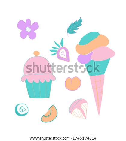 Vector set  of cute ice cream, strawberry and orange. Clip art food illustrations in flat style in blue, pink and lilac shades.Design for menus,posters,web,social networks,banner.