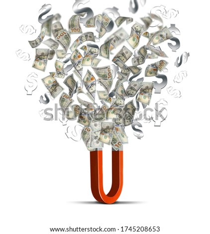 Red horseshoe magnet attracting dollar banknotes and signs on white background