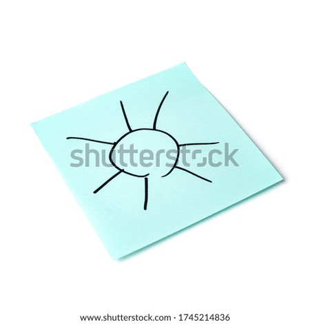 Paper sticker. Stylized image of the symbol of the sun. Isolated sticker with shadow on a white background. Sticky note. A piece of paper for notes. Self-adhesive piece of paper.