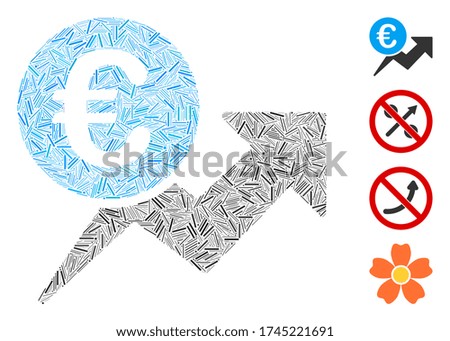 Linear mosaic Euro sales growth icon organized from thin elements in various sizes and color hues. Linear elements are organized into abstract vector mosaic Euro sales growth icon.