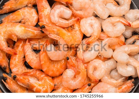 Tiger prawns and shrimp close up.  Healthy diet nutrition. Flat lay. 
