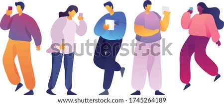 Men and women using smartphones vector illustrations set. Male and female characters holding electronic devices pack. Young students relaxing, spending time online, corporate workers standing