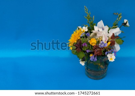 a small bouquet of wildflowers in a glass on an orange background. selective focus, place for text