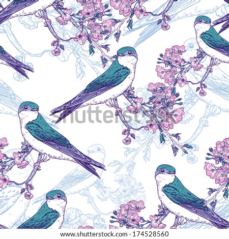 Seamless spring cherry pattern with birds