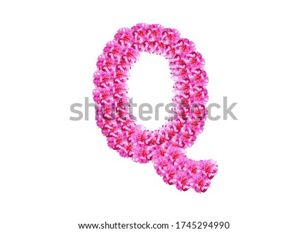 The letter Q is made of pink flowers on a white background. Spring concept Floral letters of the alphabet for wedding design or flower festival