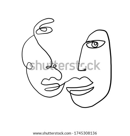 One line continuous line couple faces. Cubism face in abstract style. Black and white minimal design for modern poster, contemporary wall art decor, print for cloth.  Royalty-Free Stock Photo #1745308136