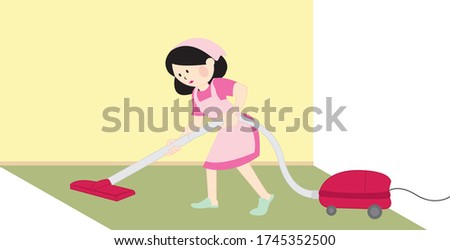 Vector Illustration of a of a Housewife Vacuuming the Carpet in the Living Room, Woman Vacuum Machine