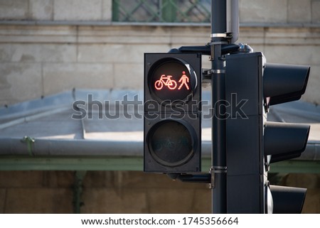 Traffic light with a pedestrian and bicycle icon, red light. Urban transport. Blurred background