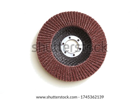 Grinding wheel for corner grinder on white background. Top view. Flat lay.  iron grinding machine                             
