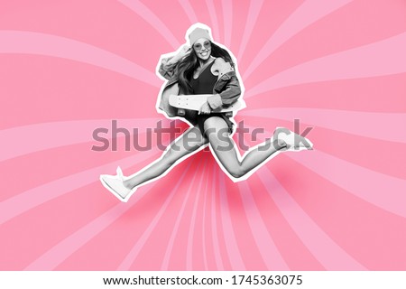 Full length body size side profile she her lady skateboard funky fly air mixed grey paint illustration sport life placard get fit now idea isolated vortex optical sunbeam pink lines drawing background