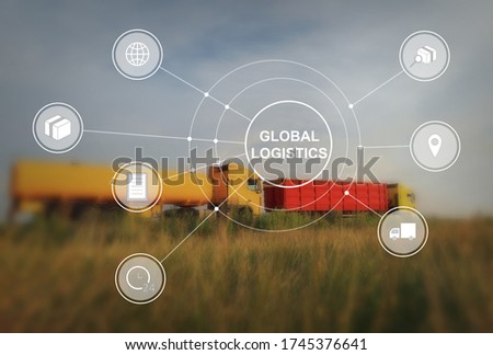 Global logistics concept. Trucks on country road and scheme with icons