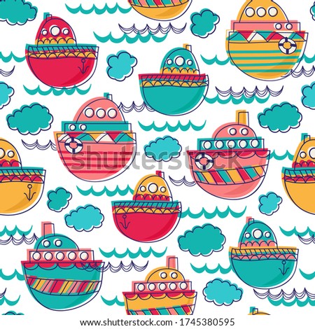 Seamless vector pattern with ships, waves and clouds. 