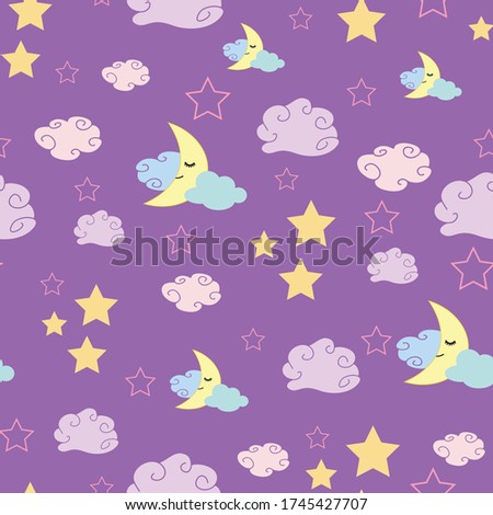 Cute repeat pattern of smiling moon, clouds and stars on purple background