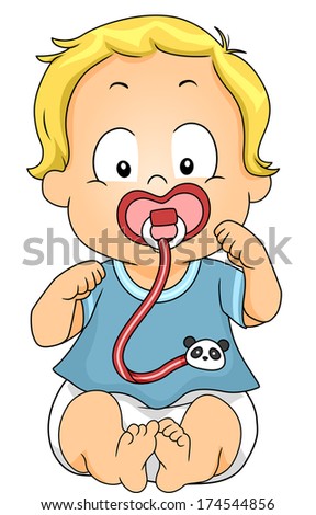 Illustration of a Baby Boy Sucking on a Pacifier Attached to a Clip