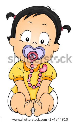 Illustration of a Baby Girl Sucking on a Pacifier Attached to a Clip