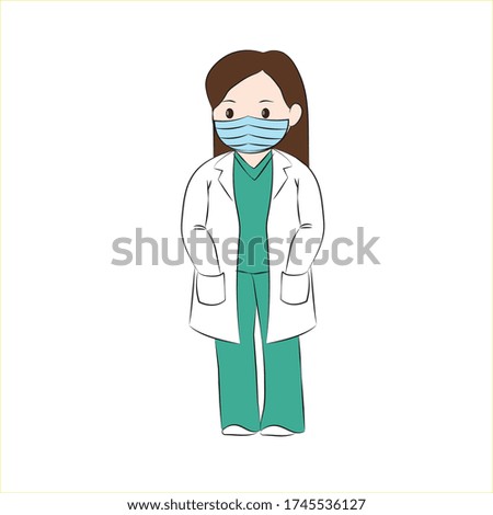 ํvector cartoon Young happy female Doctor with face mask in uniform stand white background