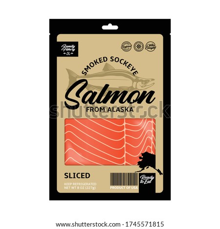 Vector smoked sockeye salmon packaging design concept. Modern style seafood label. Smoked salmon slices in a black and gold package isolated on a white background