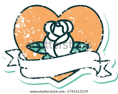 iconic distressed sticker tattoo style image of a heart rose and banner 