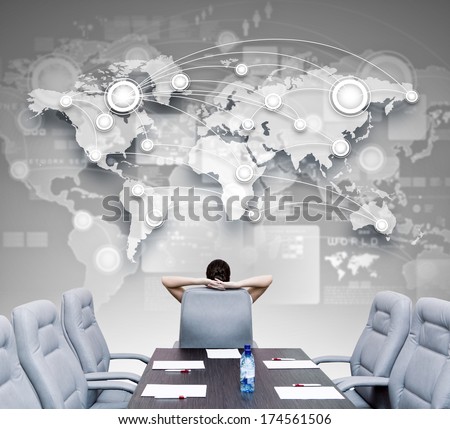 Businesswoman boss in conference room sitting with back in chair Royalty-Free Stock Photo #174561506