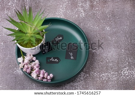 The inscription sale on a green plate. Beautiful home flower.