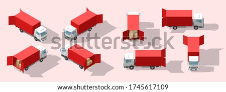 Truck transportation with open door. Fast delivery or logistic transport. Easy colour change. Detailed trucks. Cargo delivering vehicle template vector isolated on white view Isometry front, back