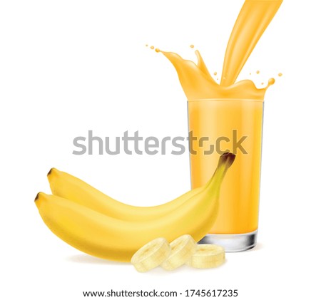 A glass of juice and a splash and a sliced banana on a white background