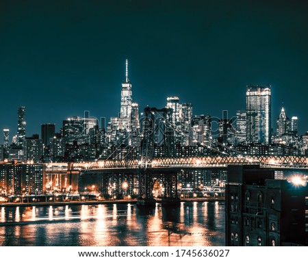 A city skyline at night 