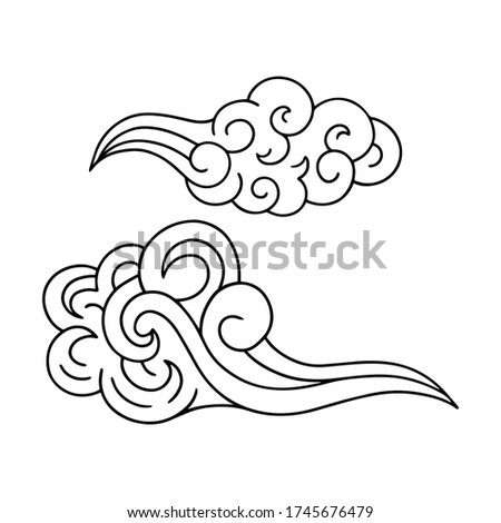 Japanese clouds vector illustration. Chinese Asian traditional art. Abstract design elements isolated on white background. Simple sketch. Outline doodle lush cumulus clouds. Wavy curved line graphic.
