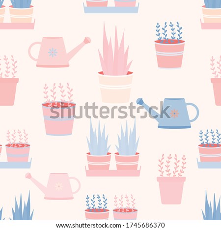 Cartoon potted plants and watering cans seamless repeat vector pattern for wrapping paper,wallpaper,textile,fabrics.
