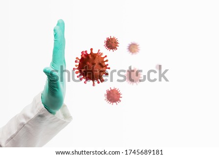 Hand with a medical glove stopping virus attack  Royalty-Free Stock Photo #1745689181