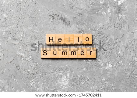 Hello Summer word written on wood block. Hello Summer text on cement table for your desing, concept.