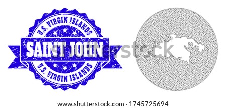 Mesh vector map of Saint John Island with scratched seal. Triangle mesh map of Saint John Island is a hole in a round shape. Blue rounded scratched watermark with ribbon.