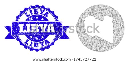 Mesh vector map of Libya with grunge stamp. Triangle network map of Libya is a hole in a circle. Blue rosette grunge seal with ribbon.