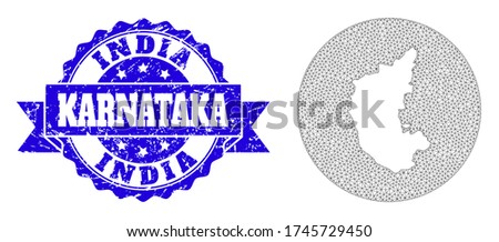 Mesh vector map of Karnataka State with grunge watermark. Triangular mesh map of Karnataka State is subtracted from a round shape. Blue round scratched watermark with ribbon.