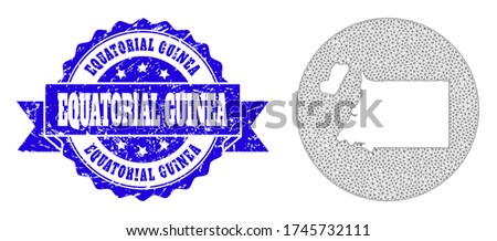 Mesh vector map of Equatorial Guinea with grunge watermark. Triangle mesh map of Equatorial Guinea is a hole in a round shape. Blue round distress stamp with ribbon.