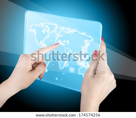 woman hand touch world map and connection