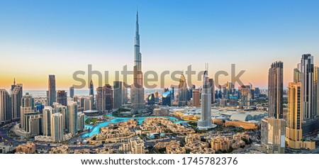Dubai - amazing city center skyline with luxury skyscrapers top view, United Arab Emirates
