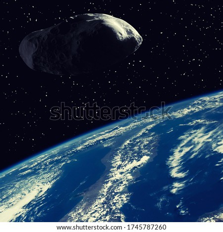 Asteroid flying above the earth. Elements of this image furnished by NASA. 

